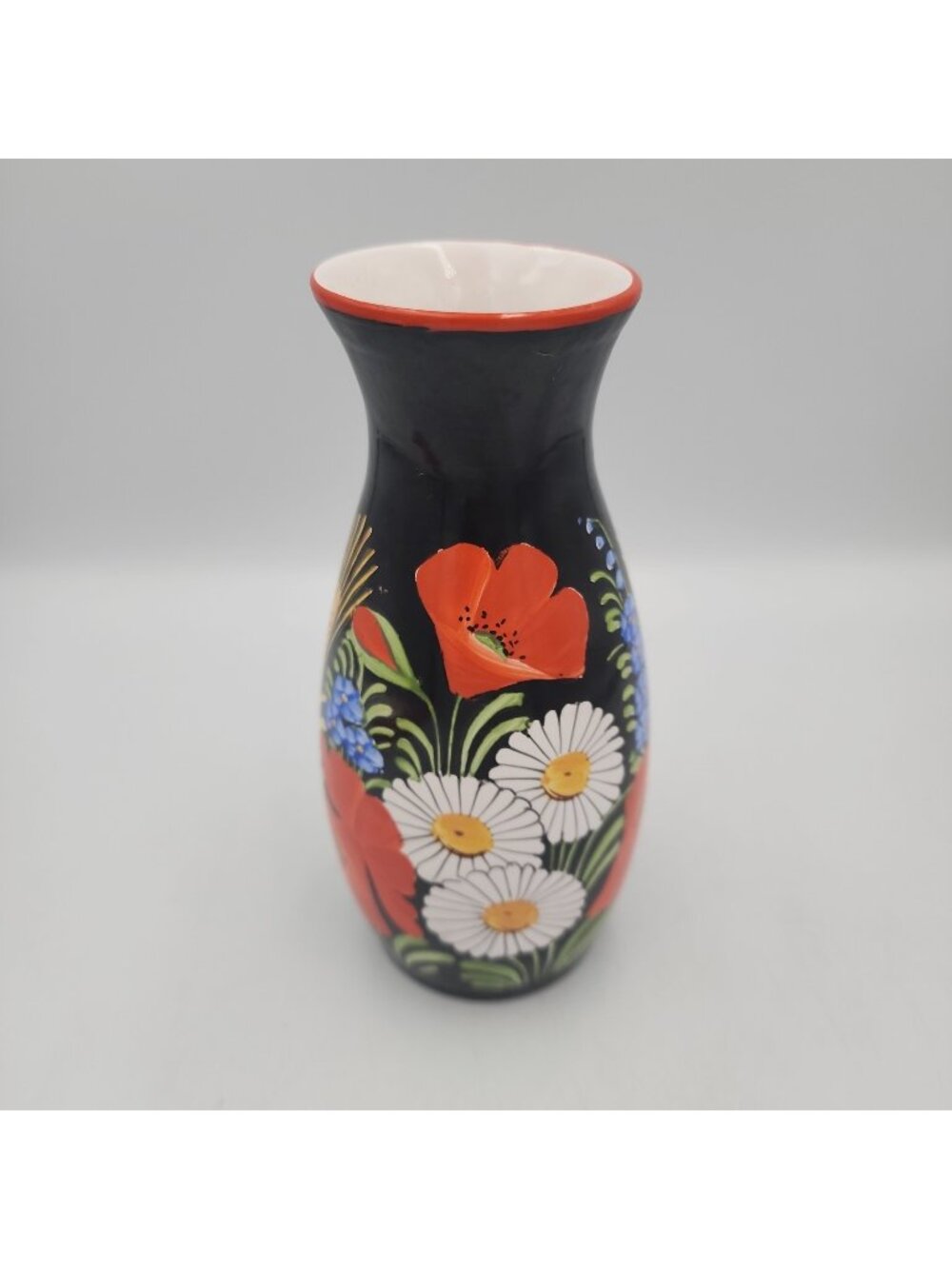 VINTAGE CZECH PEASANT ART POTTERY VASE BLACK CHODAVIA Ceramic 7" Flowers